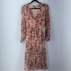 Wayf Womens XS Dress Midi Long Sleeve Pink Floral Chiffon Cottage Core Flowy